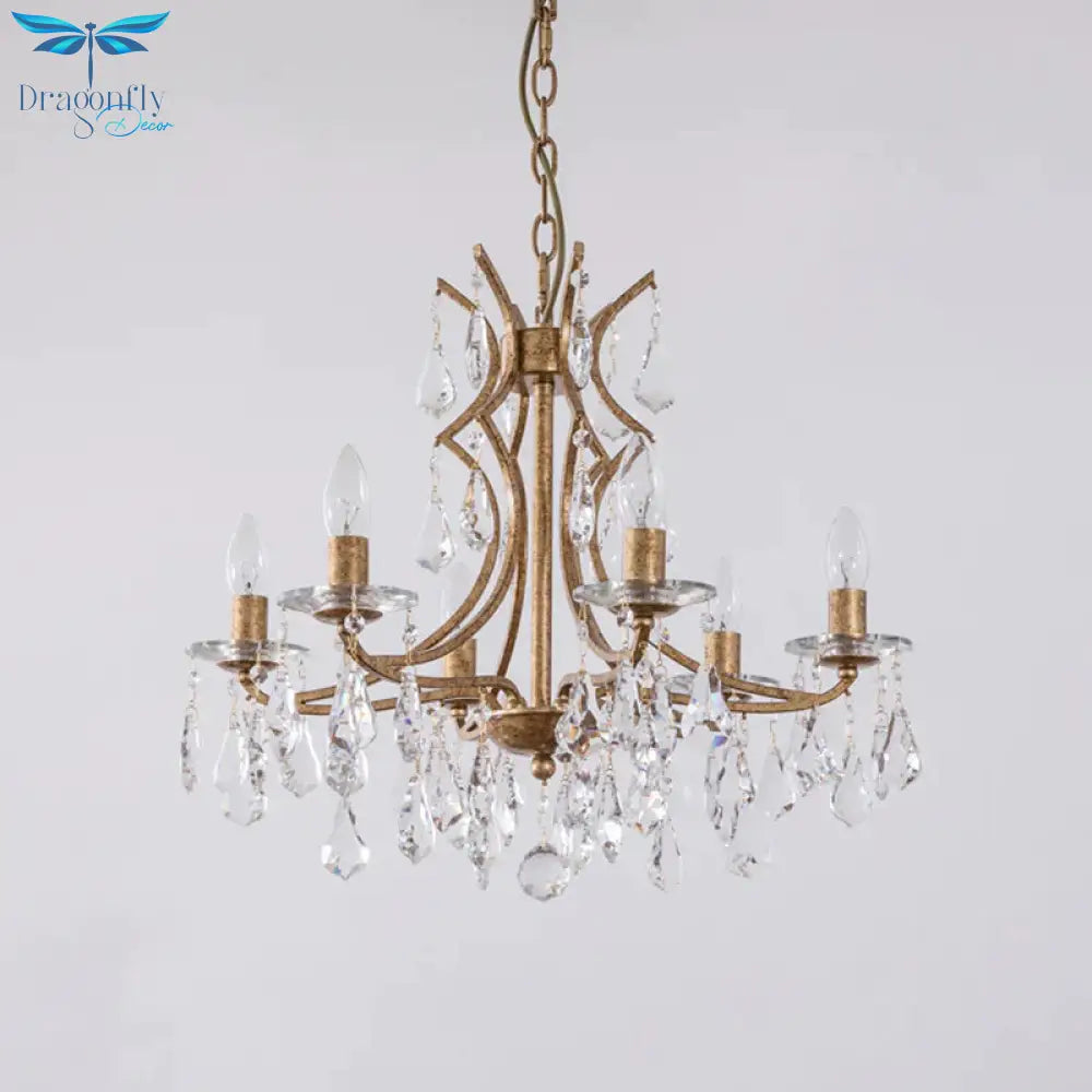 Gold 6 Bulbs Chandelier Lighting Vintage Faceted Crystal Single Tier Ceiling Pendant Light With