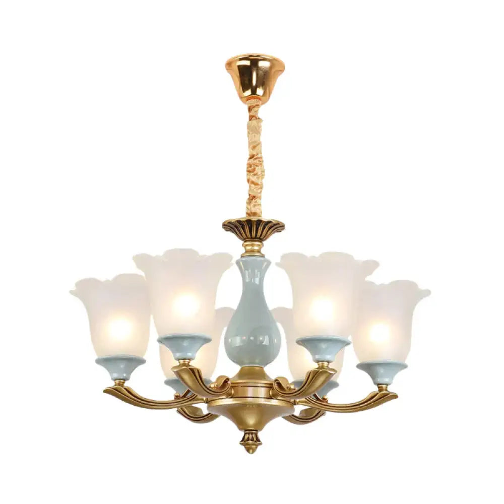 Gold 6 Bulbs Pendant Lighting Rural Style Frosted Glass Flower Ceiling Chandelier For Dining Room