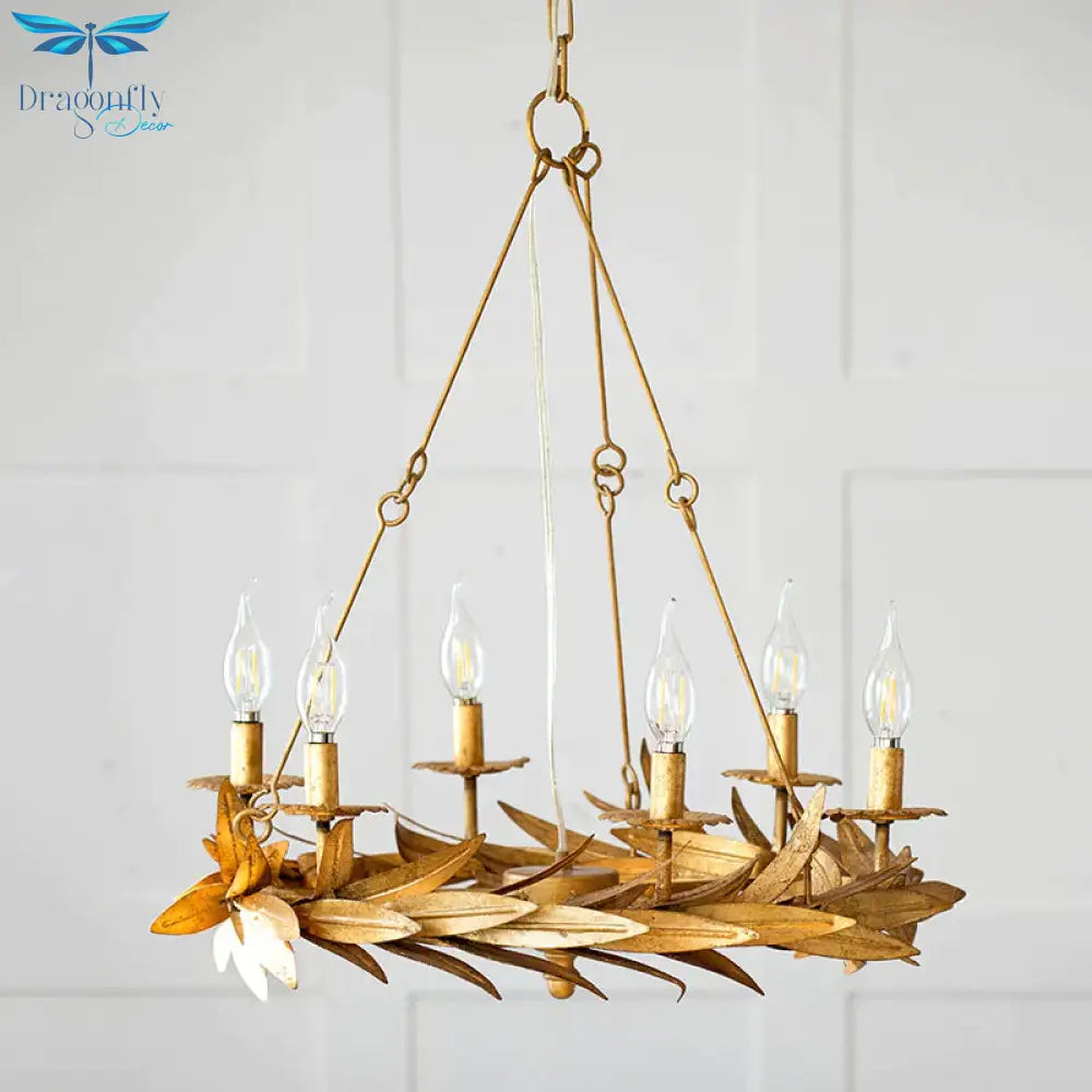 Gold 6 Lights Ceiling Pendant Light Vintage Metal Candle Chandelier Lamp With Garland Design