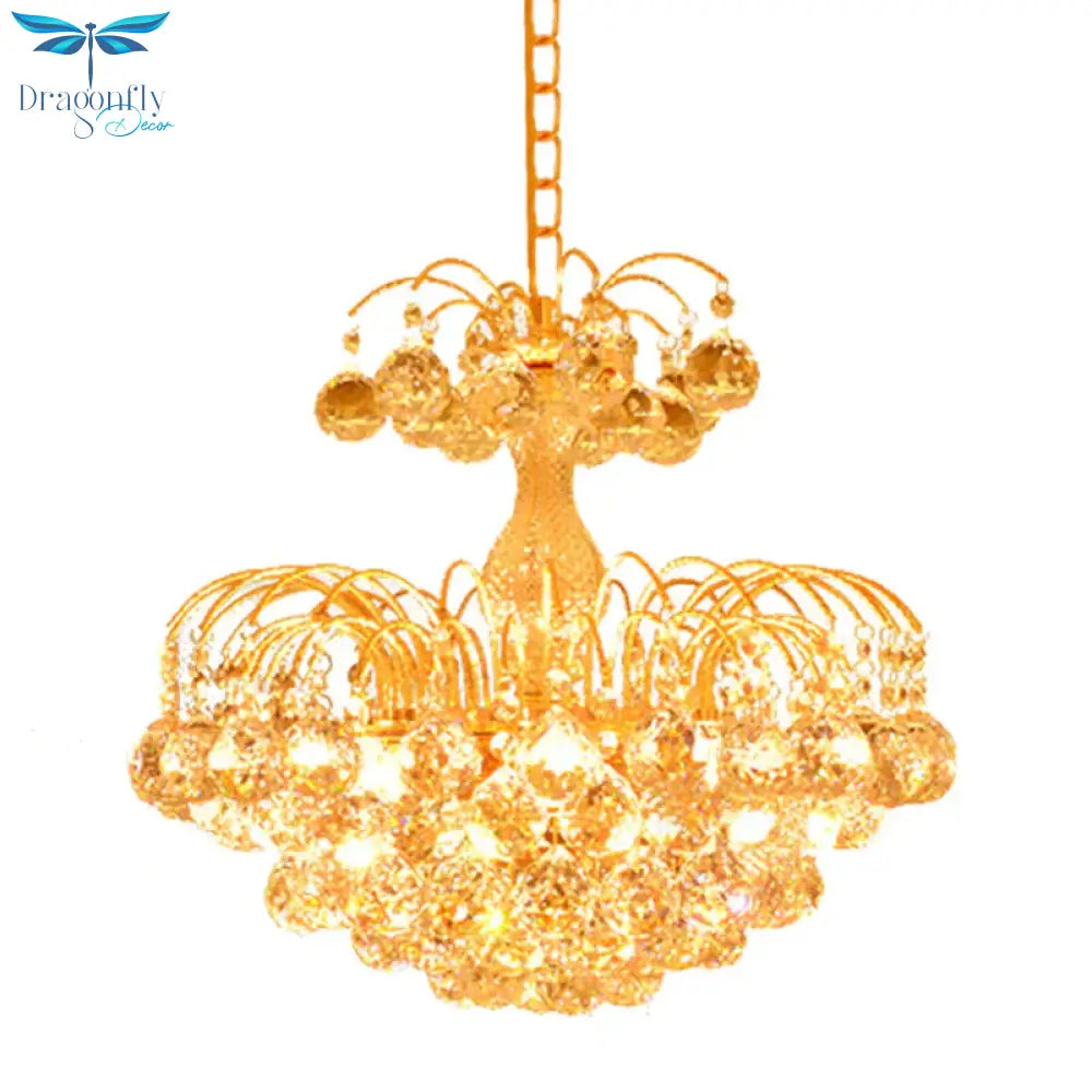 Gold 6 Lights Hanging Chandelier Classic Crystal Prisms Fountain Pendulum Light For Dining Room