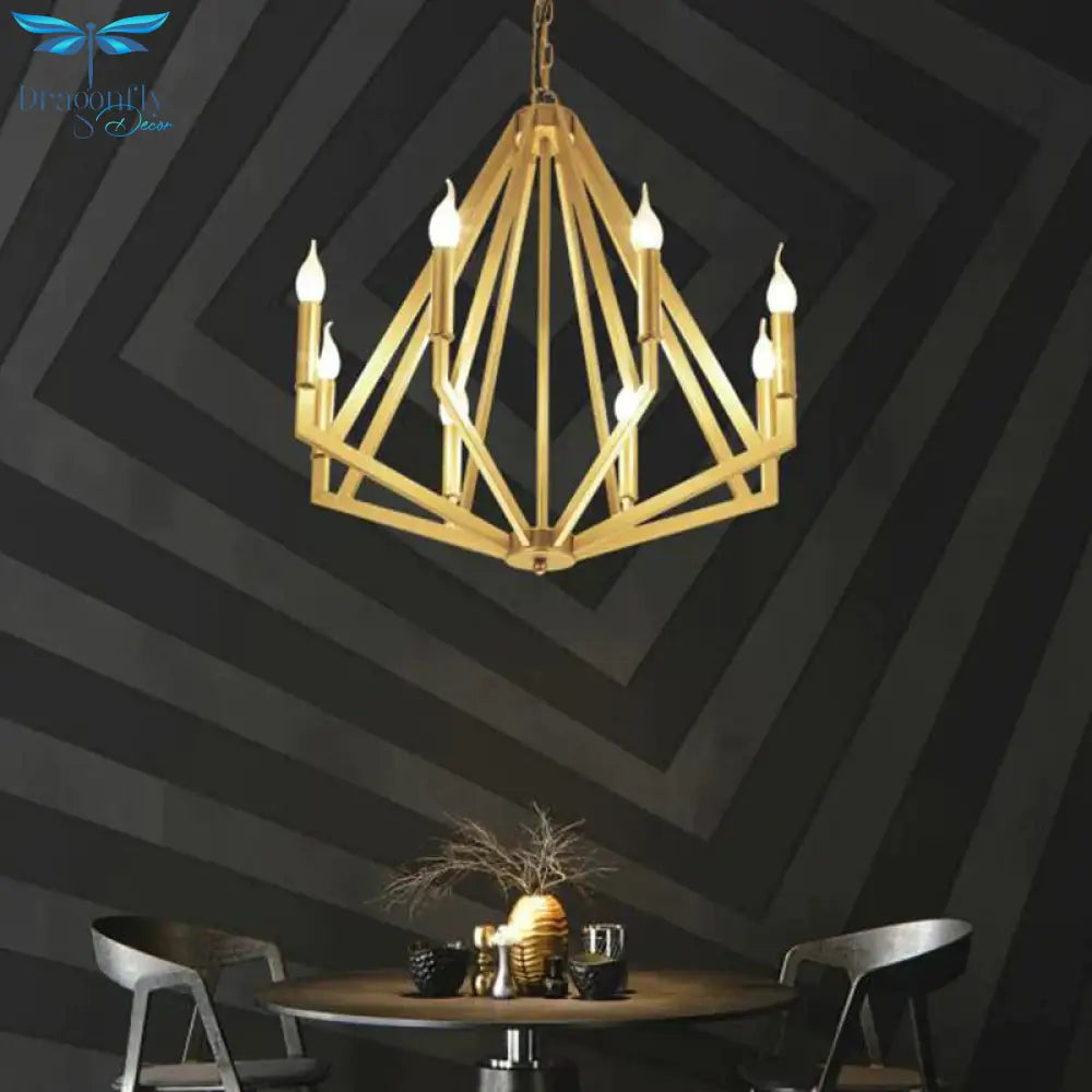 Gold 8 Lights Chandelier Light Fixture Traditional Metal Geometric Pendant Lamp For Living Room