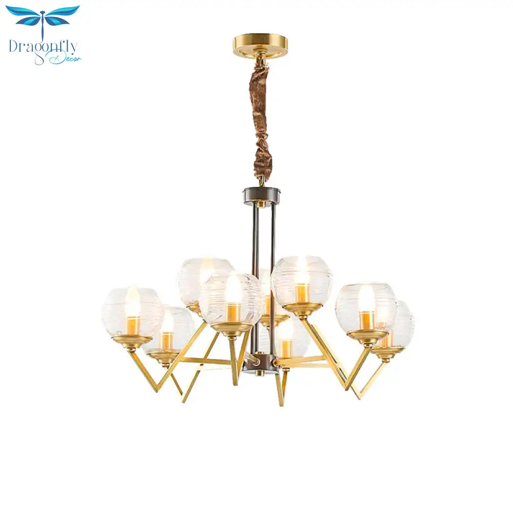 Gold 9/12 Lights Pendant Chandelier Traditional Clear Ribbed Glass Globe Hanging Light For Living
