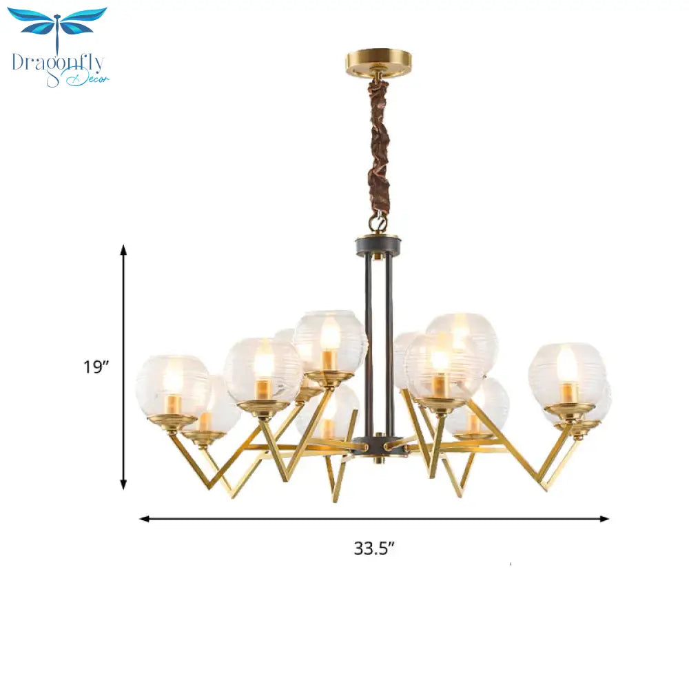 Gold 9/12 Lights Pendant Chandelier Traditional Clear Ribbed Glass Globe Hanging Light For Living
