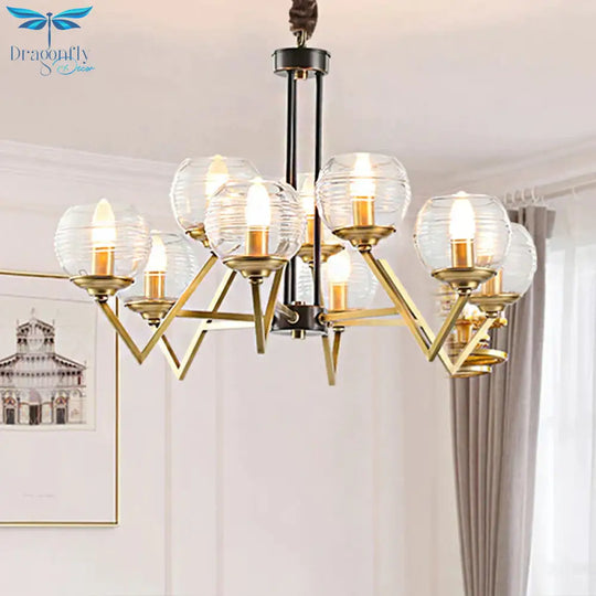 Gold 9/12 Lights Pendant Chandelier Traditional Clear Ribbed Glass Globe Hanging Light For Living
