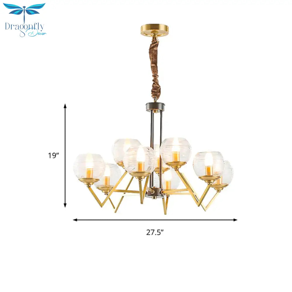 Gold 9/12 Lights Pendant Chandelier Traditional Clear Ribbed Glass Globe Hanging Light For Living