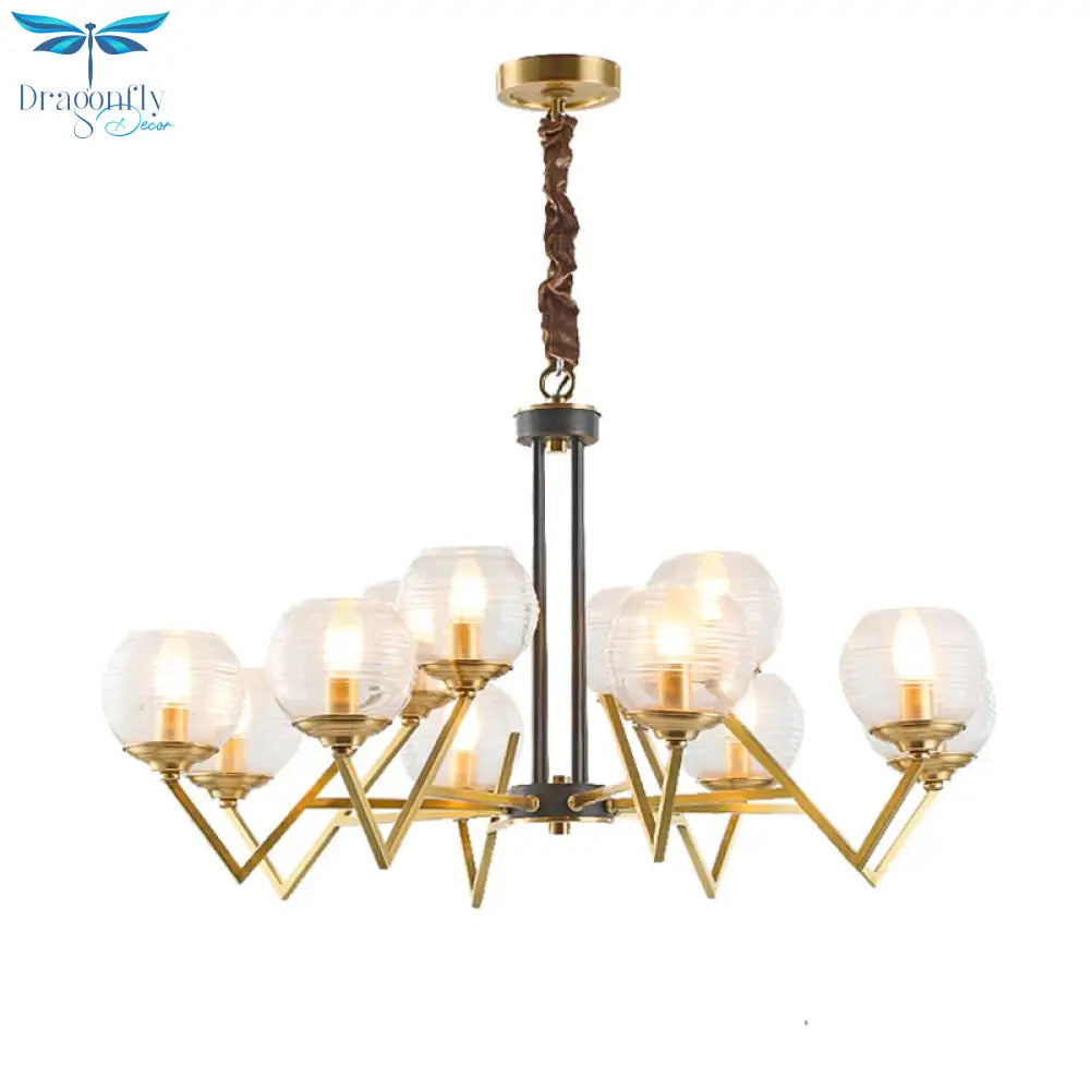 Gold 9/12 Lights Pendant Chandelier Traditional Clear Ribbed Glass Globe Hanging Light For Living