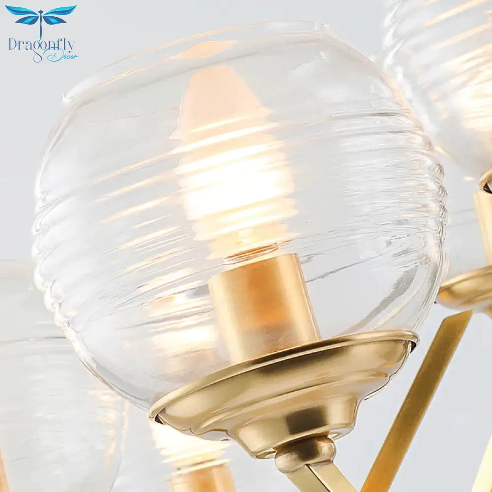 Gold 9/12 Lights Pendant Chandelier Traditional Clear Ribbed Glass Globe Hanging Light For Living