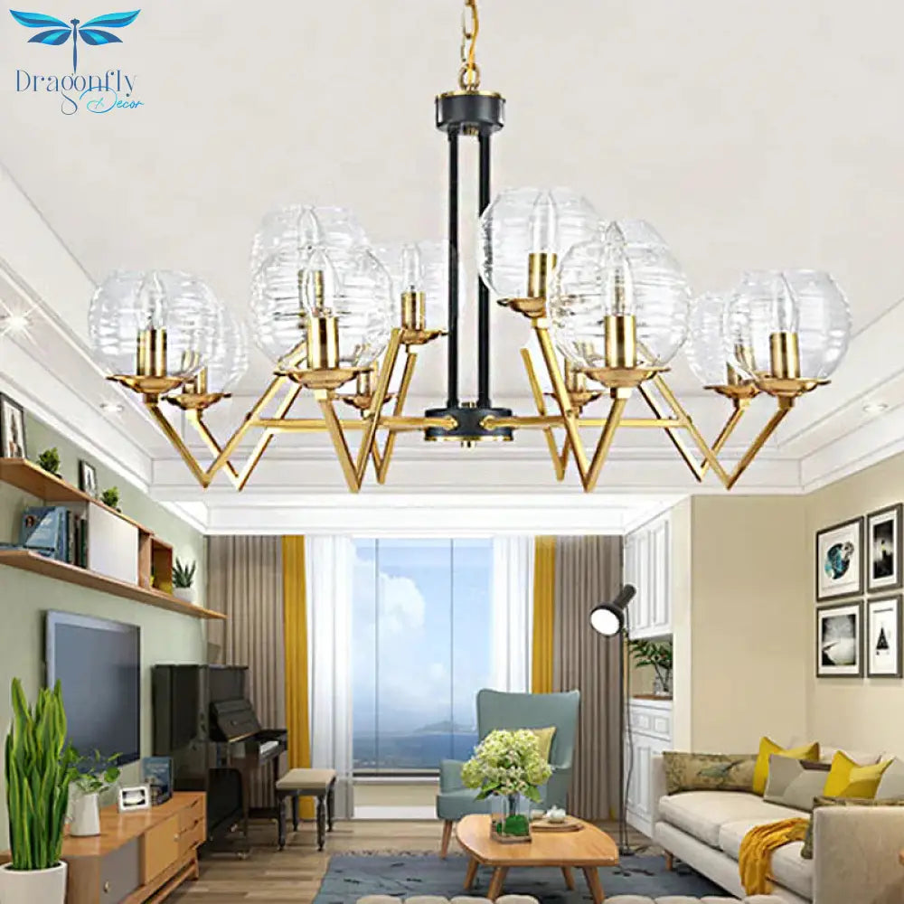 Gold 9/12 Lights Pendant Chandelier Traditional Clear Ribbed Glass Globe Hanging Light For Living
