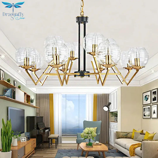 Gold 9/12 Lights Pendant Chandelier Traditional Clear Ribbed Glass Globe Hanging Light For Living
