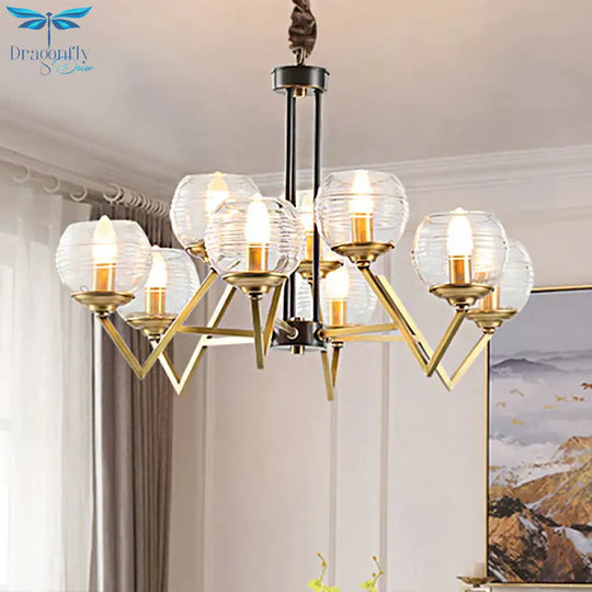 Gold 9/12 Lights Pendant Chandelier Traditional Clear Ribbed Glass Globe Hanging Light For Living