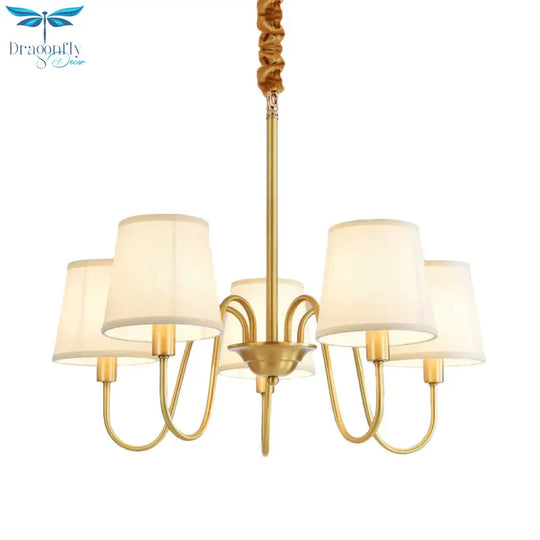 Gold Barrel Pendant Chandelier Colonial Fabric 3/5/8 Bulbs Living Room Ceiling Light With Gooseneck
