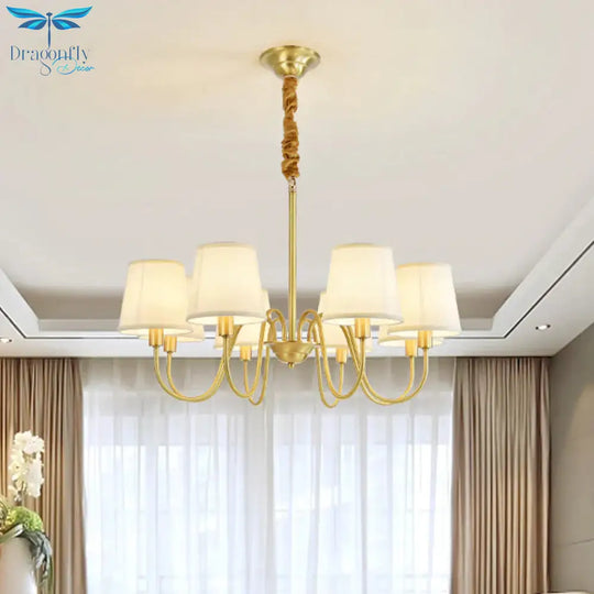 Gold Barrel Pendant Chandelier Colonial Fabric 3/5/8 Bulbs Living Room Ceiling Light With Gooseneck