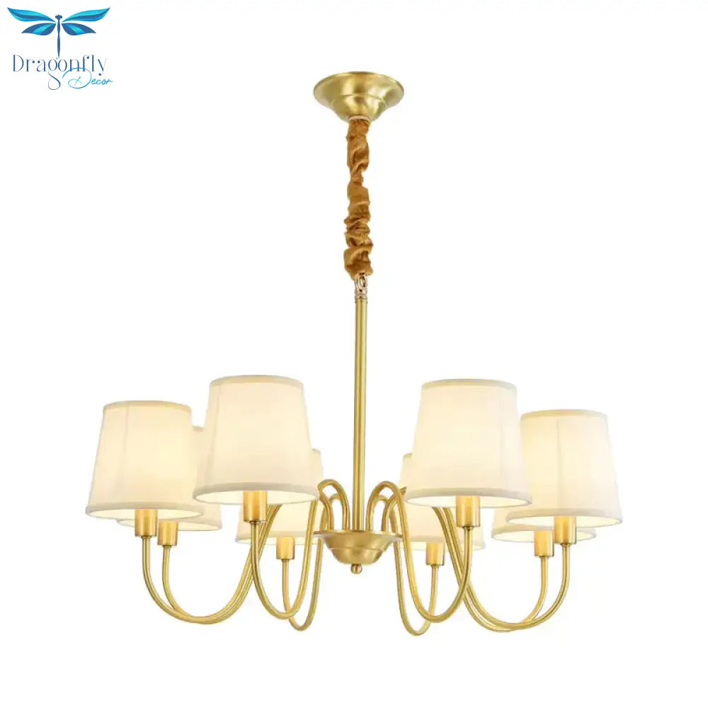 Gold Barrel Pendant Chandelier Colonial Fabric 3/5/8 Bulbs Living Room Ceiling Light With Gooseneck