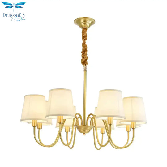 Gold Barrel Pendant Chandelier Colonial Fabric 3/5/8 Bulbs Living Room Ceiling Light With Gooseneck
