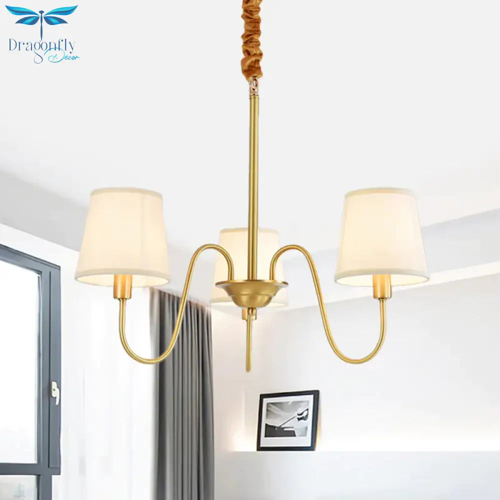 Gold Barrel Pendant Chandelier Colonial Fabric 3/5/8 Bulbs Living Room Ceiling Light With Gooseneck