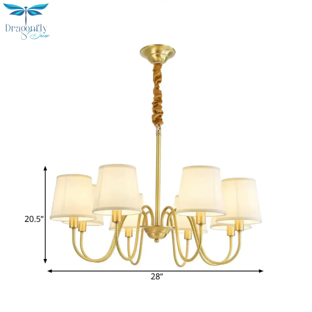 Gold Barrel Pendant Chandelier Colonial Fabric 3/5/8 Bulbs Living Room Ceiling Light With Gooseneck
