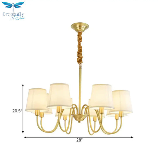 Gold Barrel Pendant Chandelier Colonial Fabric 3/5/8 Bulbs Living Room Ceiling Light With Gooseneck