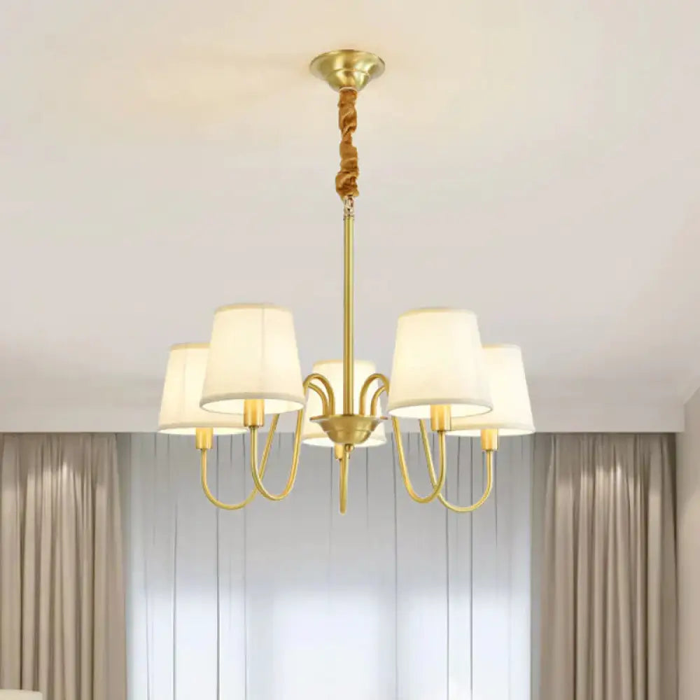 Gold Barrel Pendant Chandelier Colonial Fabric 3/5/8 Bulbs Living Room Ceiling Light With Gooseneck