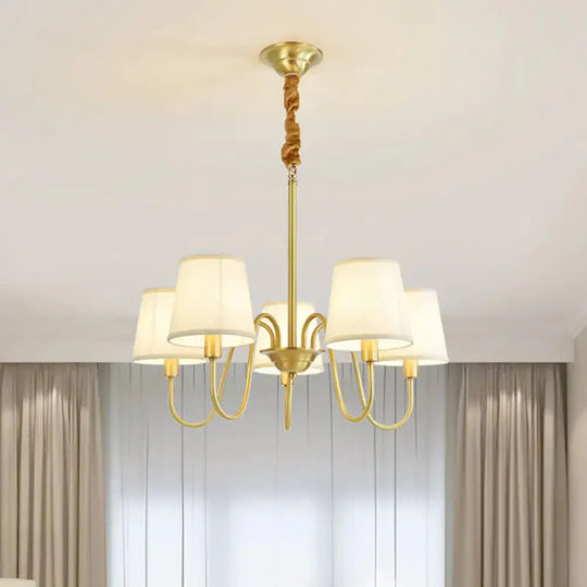 Gold Barrel Pendant Chandelier Colonial Fabric 3/5/8 Bulbs Living Room Ceiling Light With Gooseneck