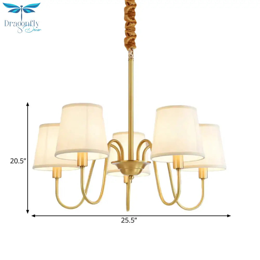 Gold Barrel Pendant Chandelier Colonial Fabric 3/5/8 Bulbs Living Room Ceiling Light With Gooseneck