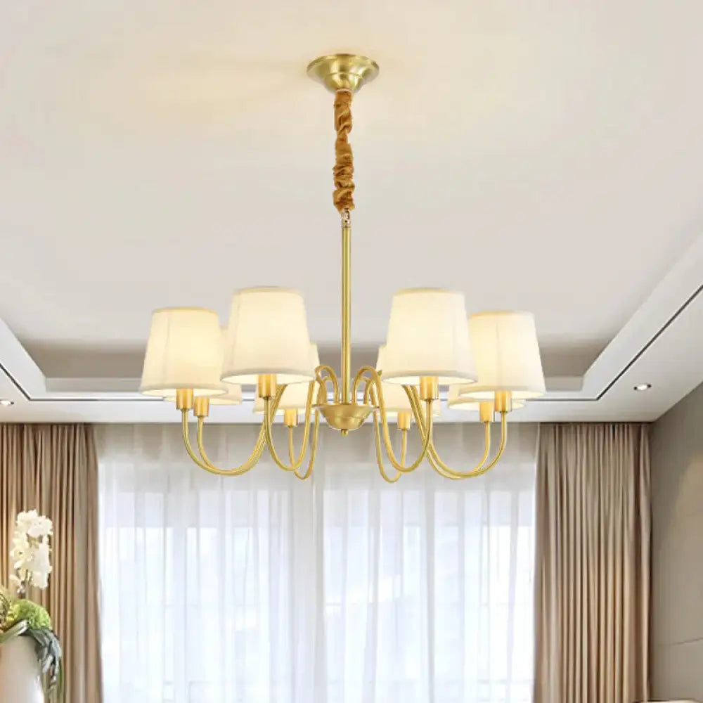 Gold Barrel Pendant Chandelier Colonial Fabric 3/5/8 Bulbs Living Room Ceiling Light With Gooseneck