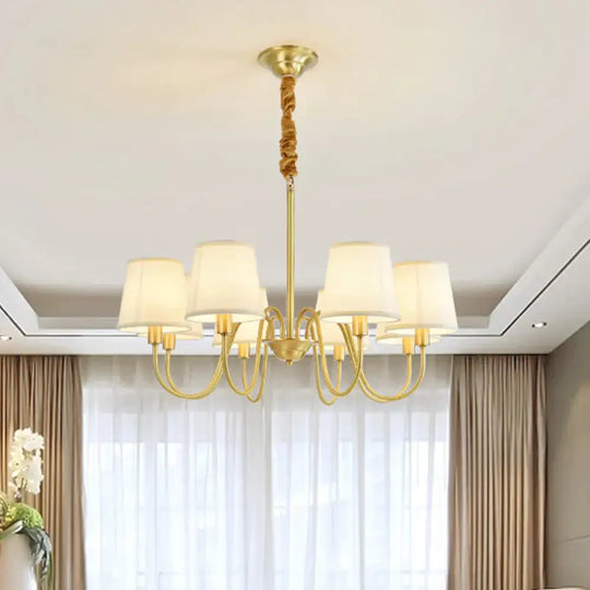 Gold Barrel Pendant Chandelier Colonial Fabric 3/5/8 Bulbs Living Room Ceiling Light With Gooseneck