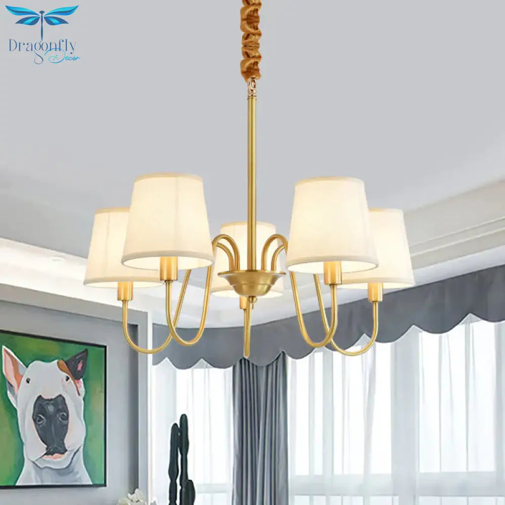 Gold Barrel Pendant Chandelier Colonial Fabric 3/5/8 Bulbs Living Room Ceiling Light With Gooseneck