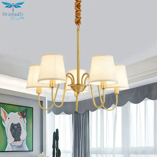 Gold Barrel Pendant Chandelier Colonial Fabric 3/5/8 Bulbs Living Room Ceiling Light With Gooseneck
