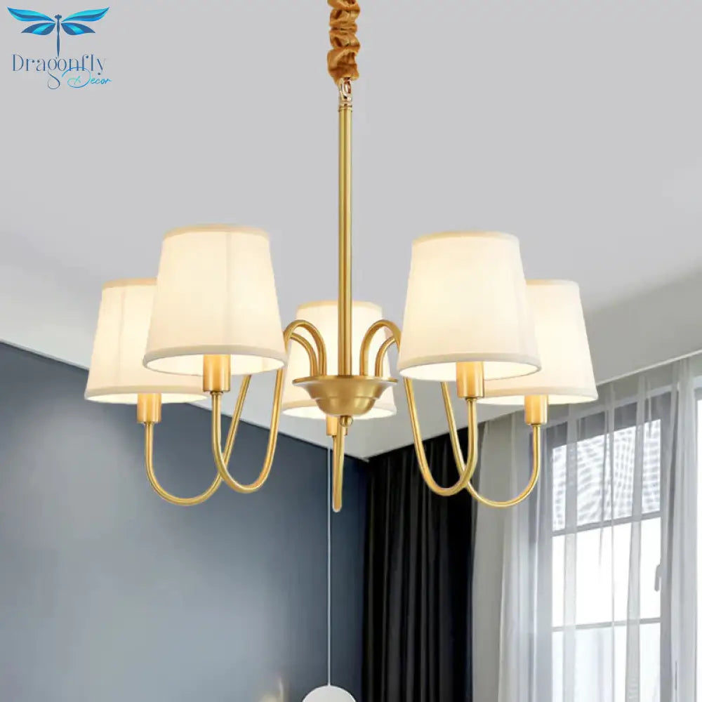 Gold Barrel Pendant Chandelier Colonial Fabric 3/5/8 Bulbs Living Room Ceiling Light With Gooseneck
