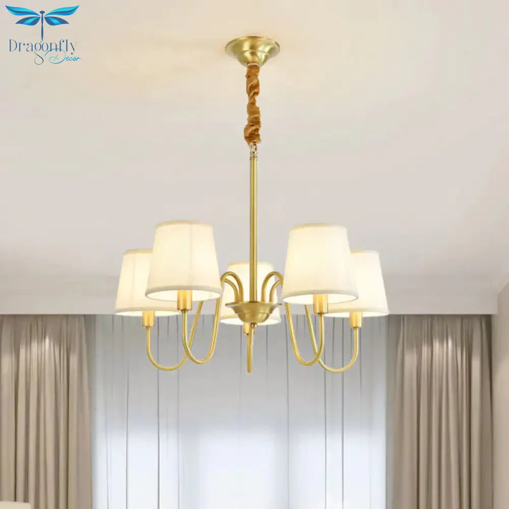 Gold Barrel Pendant Chandelier Colonial Fabric 3/5/8 Bulbs Living Room Ceiling Light With Gooseneck