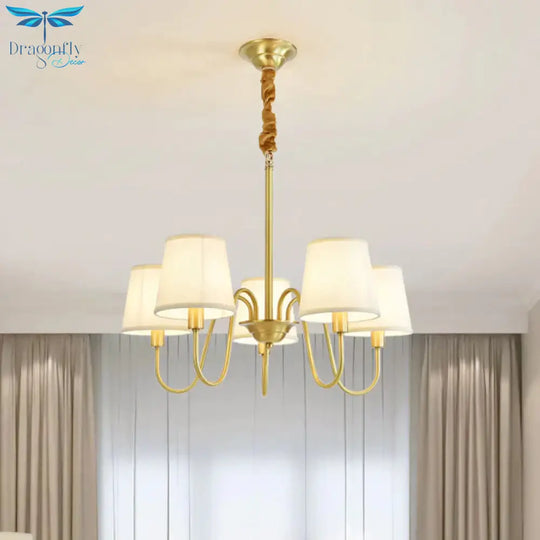 Gold Barrel Pendant Chandelier Colonial Fabric 3/5/8 Bulbs Living Room Ceiling Light With Gooseneck