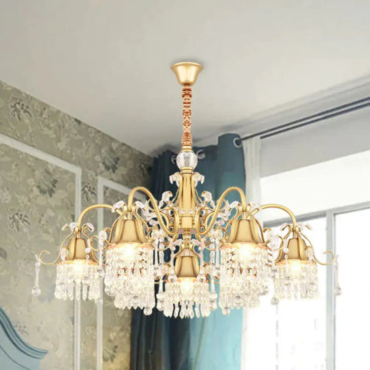 Gold Bell Chandelier Minimalist 7/9 Lights Crystal Beaded Strand Hanging Lamp Kit For Living Room 7