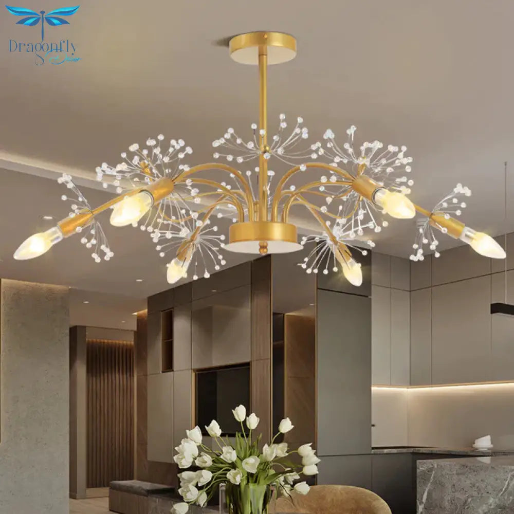 Gold Blossom Hanging Light Kit Postmodern 7 Heads Crystal Chandelier Pendant