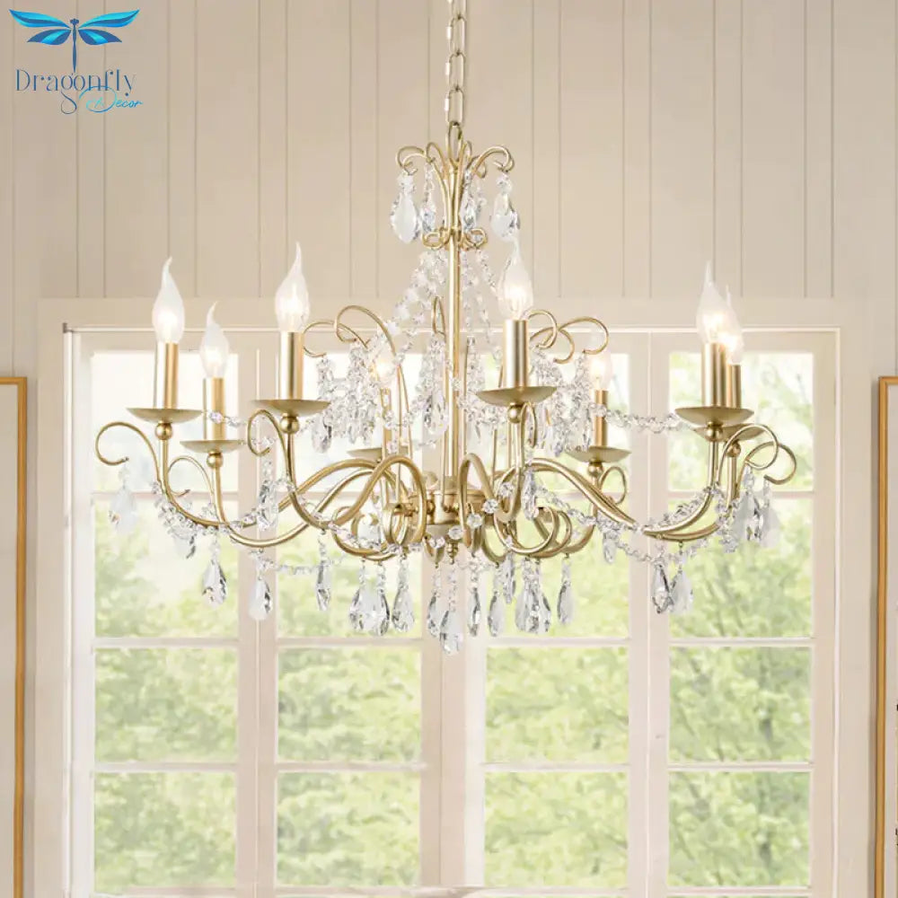 Gold Candle Chandelier Pendant Light Rustic Crystal 3/6/8 Lights Living Room Hanging Lamp Kit