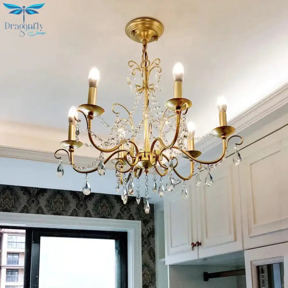 Gold Candle Chandelier Pendant Light Rustic Crystal 3/6/8 Lights Living Room Hanging Lamp Kit