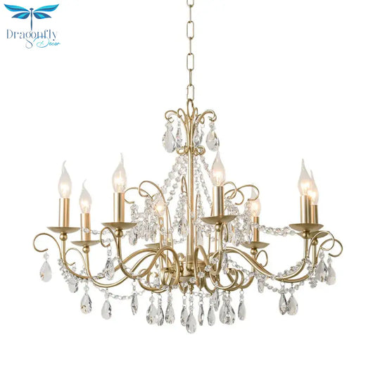 Gold Candle Chandelier Pendant Light Rustic Crystal 3/6/8 Lights Living Room Hanging Lamp Kit