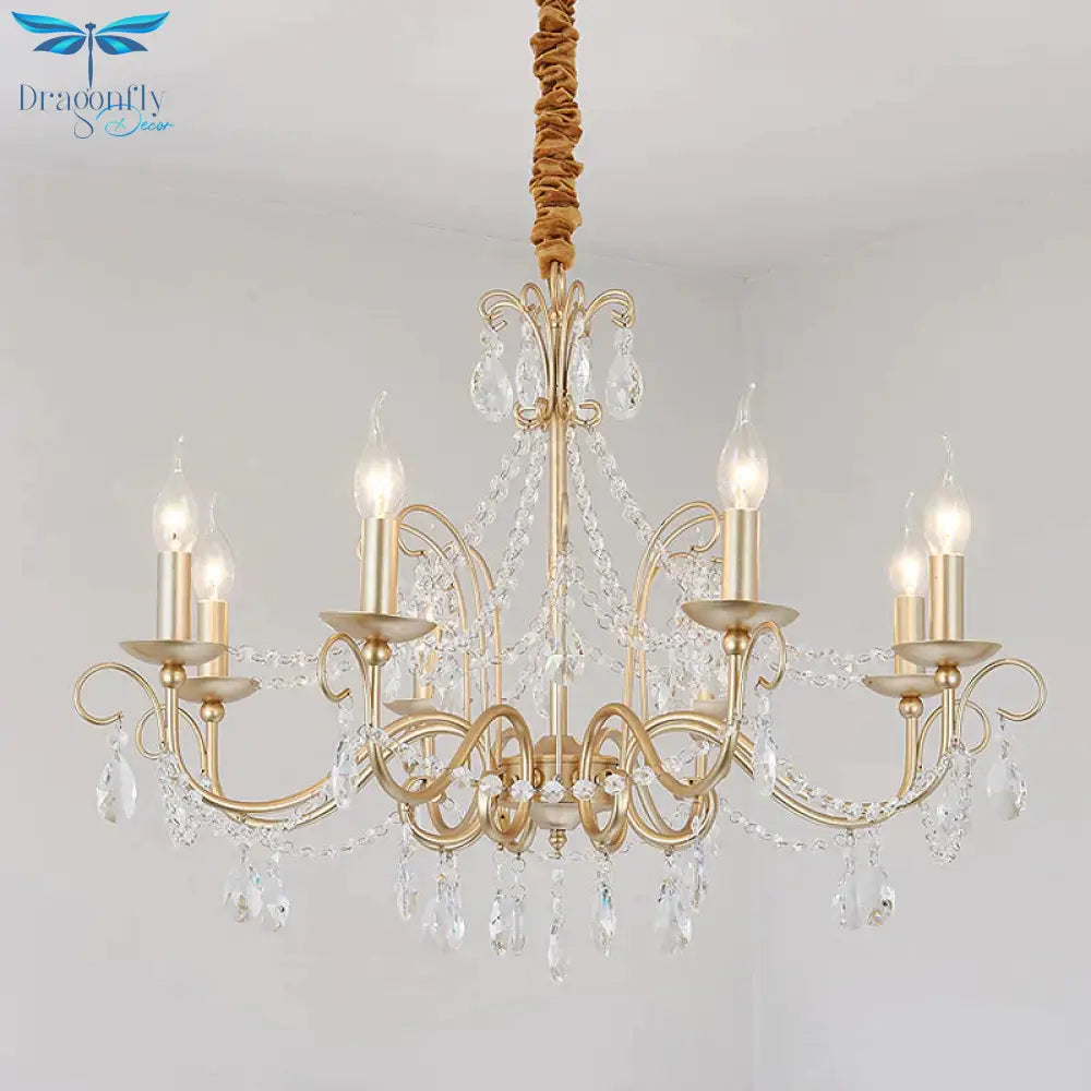 Gold Candle Chandelier Pendant Light Rustic Crystal 3/6/8 Lights Living Room Hanging Lamp Kit