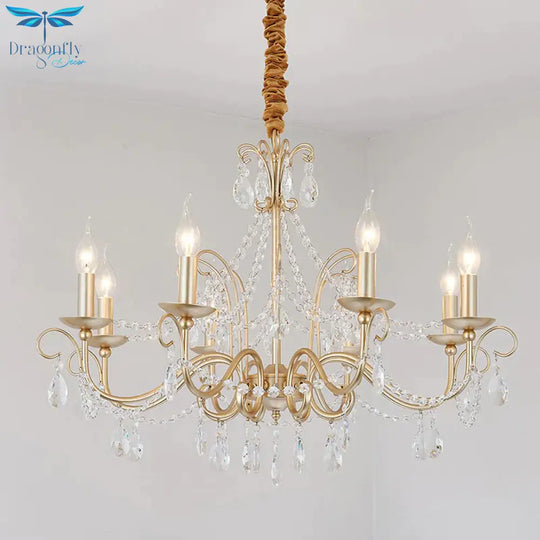 Gold Candle Chandelier Pendant Light Rustic Crystal 3/6/8 Lights Living Room Hanging Lamp Kit