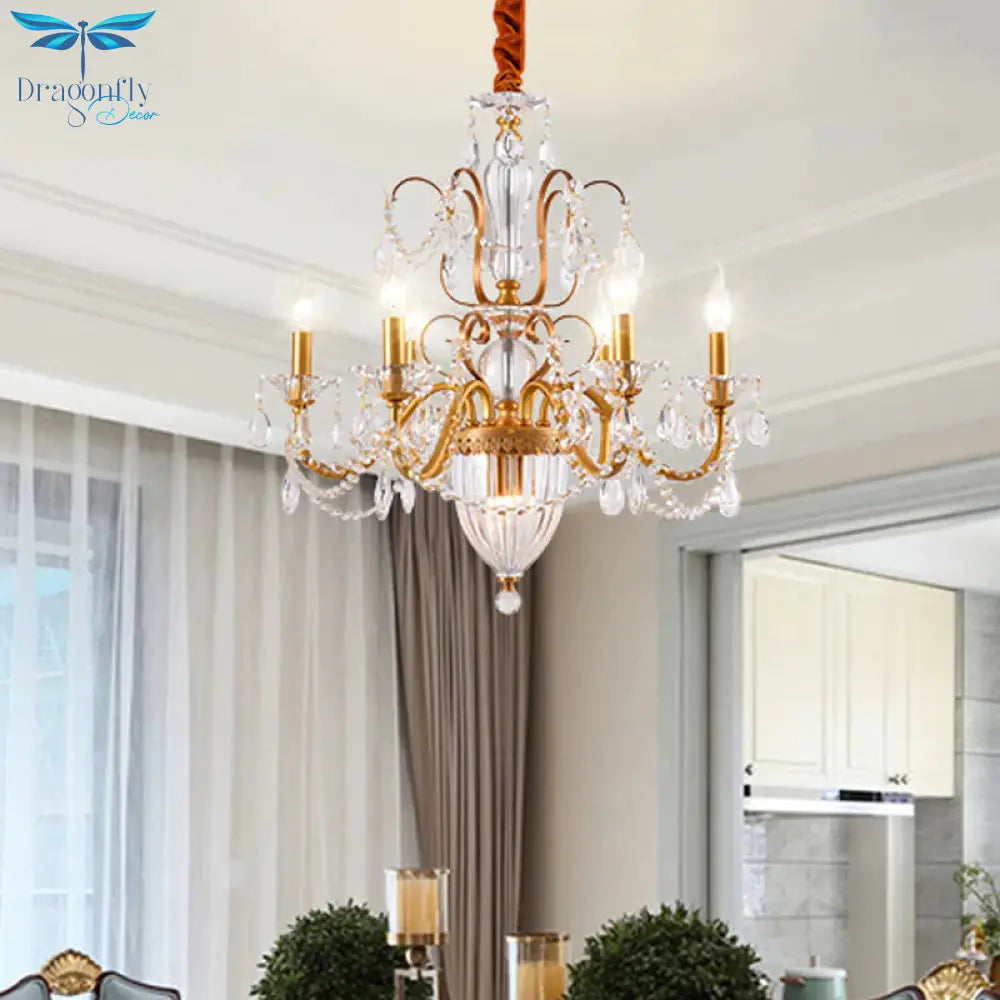 Gold Candlestick Hanging Chandelier Rural Crystal 6/8 Lights Bedroom Suspension Lighting