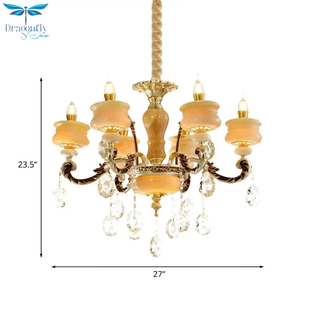 Gold Candlestick Hanging Chandelier Vintage Jade 6/8 Bulbs Bedroom Pendant Light With Crystal Drop
