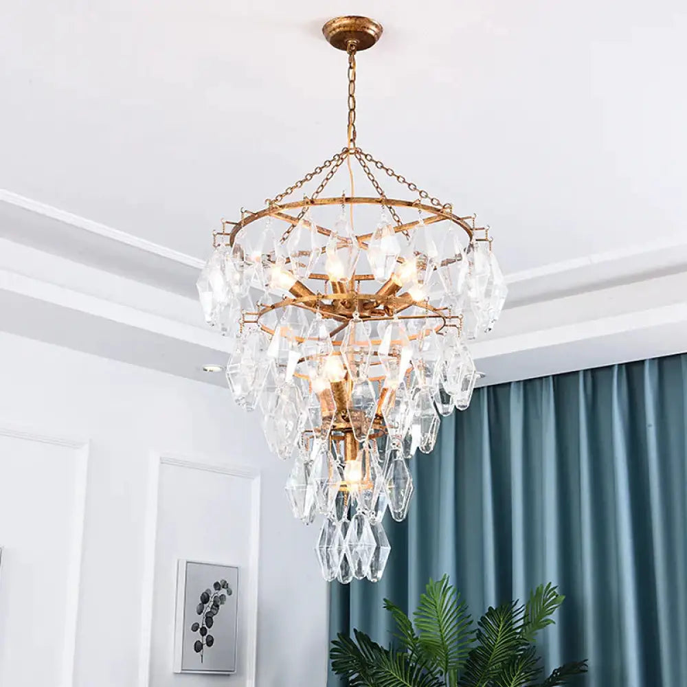 Gold Conical Chandelier Light Rustic Crystal 10 Lights Living Room Suspension Pendant