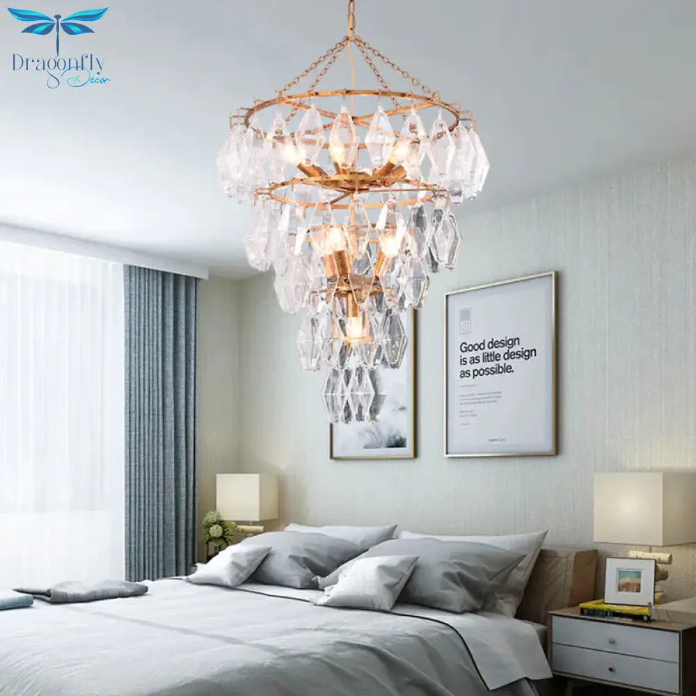 Gold Conical Chandelier Light Rustic Crystal 10 Lights Living Room Suspension Pendant