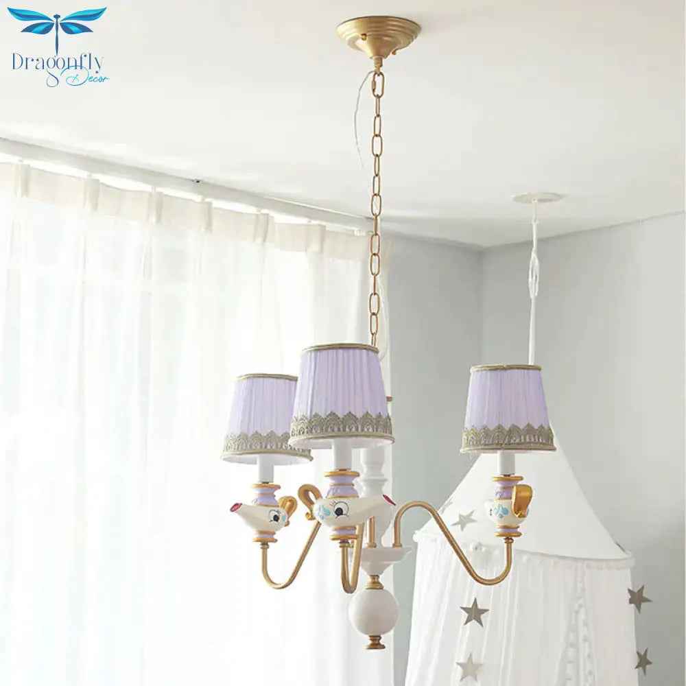 Gold Conical Pendant Lighting Modernism 3/5/6 Lights Fabric Hanging Chandelier With Teapot Decor
