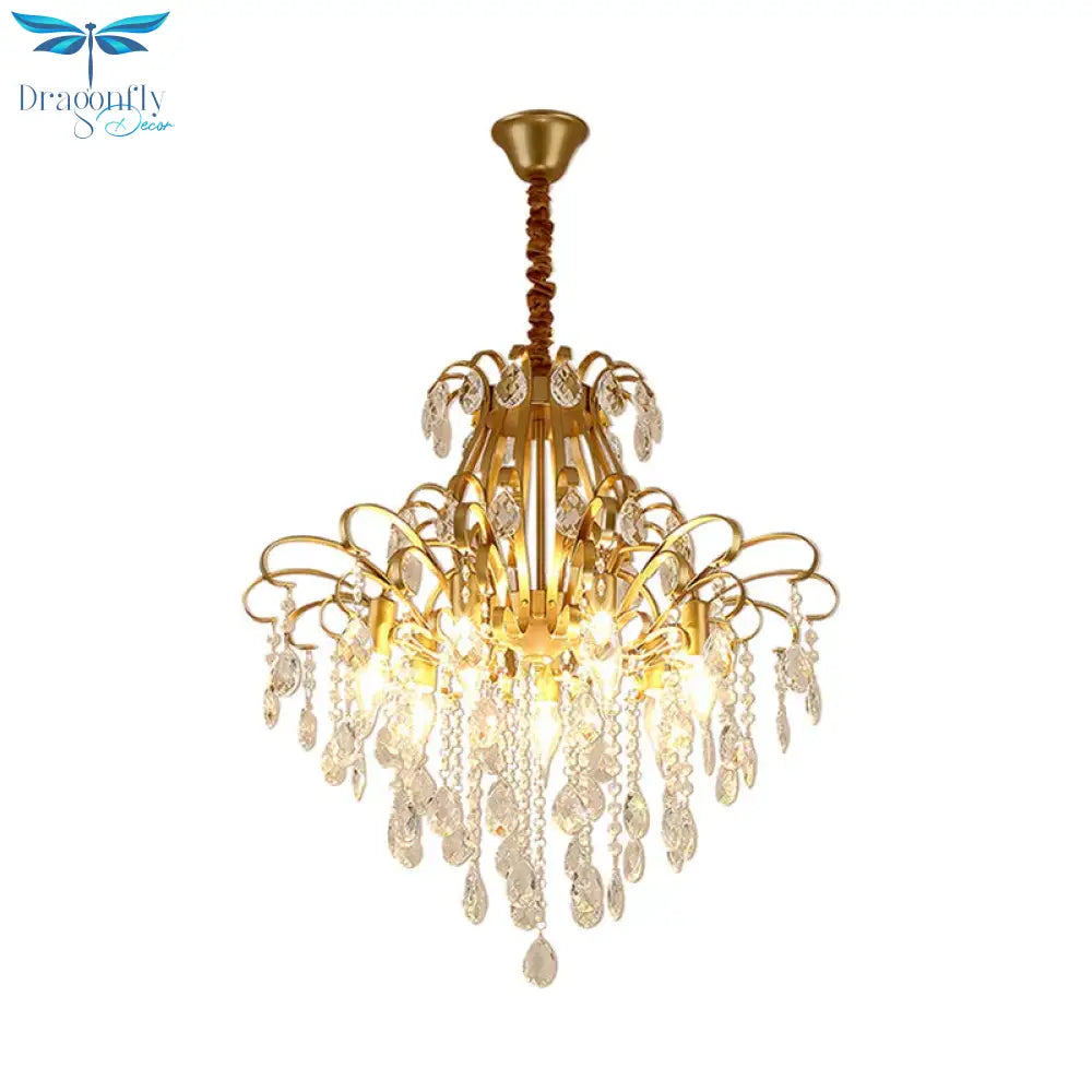 Gold Curved Arm Suspension Light Modern 3/7 Lights Crystal Drip Chandelier Fixture For Living Room