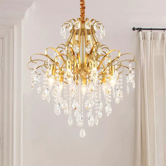 Gold Curved Arm Suspension Light Modern 3/7 Lights Crystal Drip Chandelier Fixture For Living Room