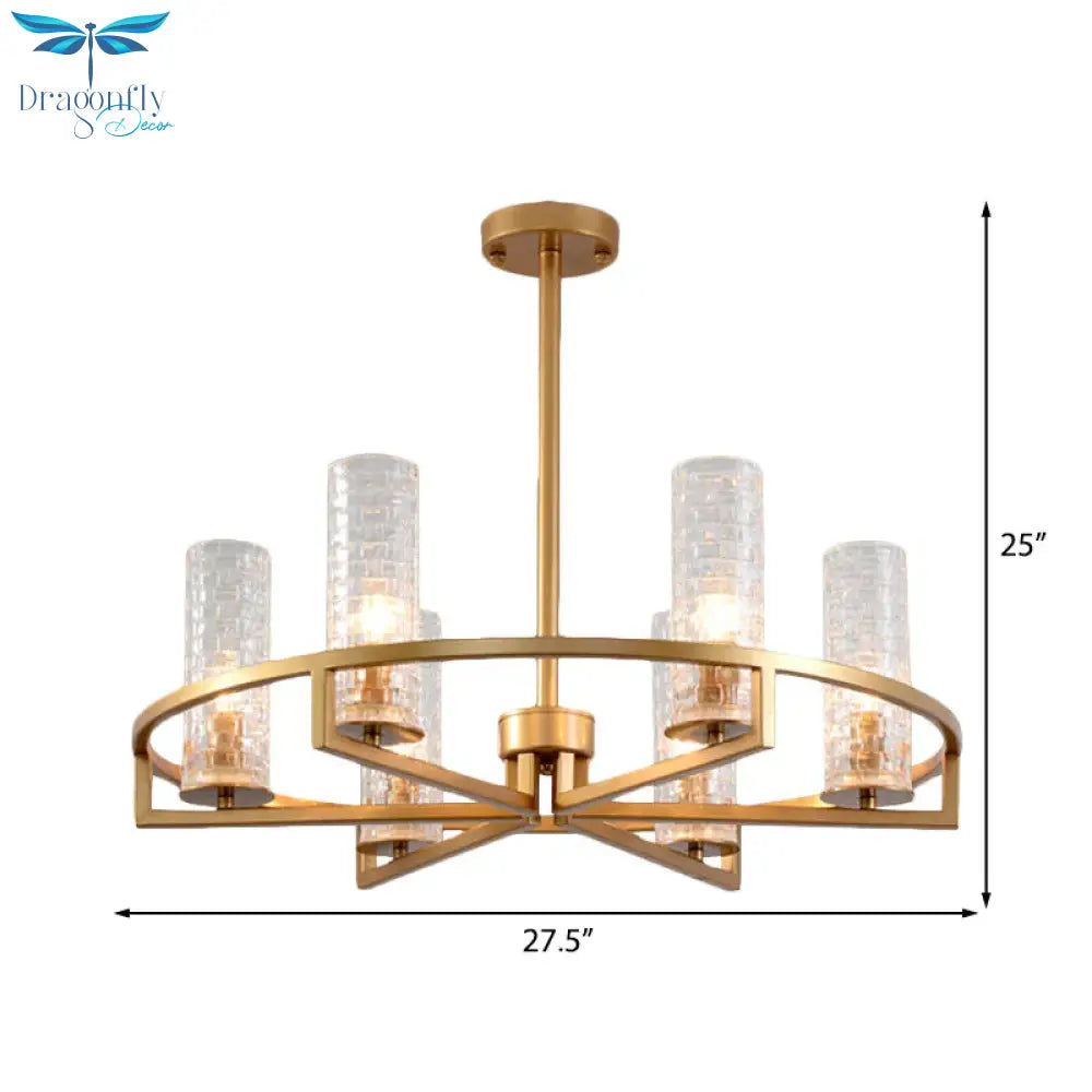 Gold Cylinder Chandelier Lamp Traditional Clear Ribbed Glass 6/8/10 Lights Living Room Hanging