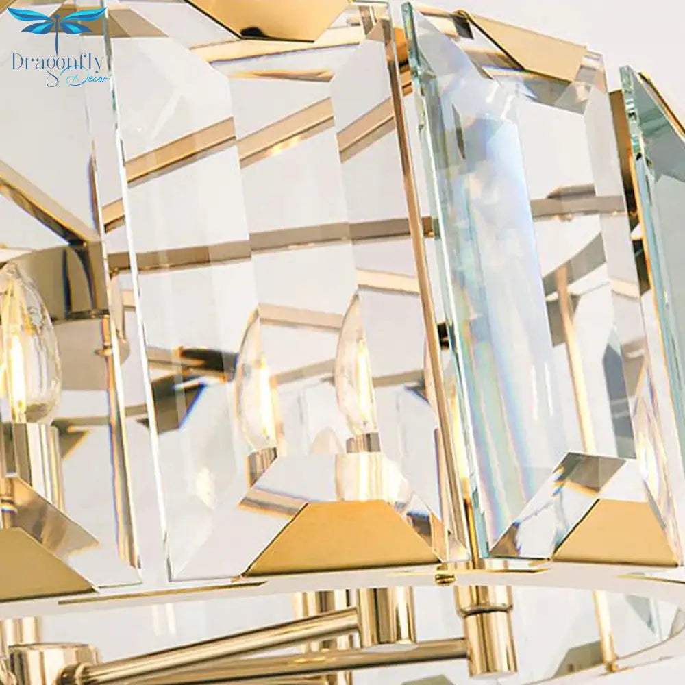 Gold Drum Ceiling Lamp Postmodern Faceted Crystal Panel 6 Heads Living Room Chandelier Lighting