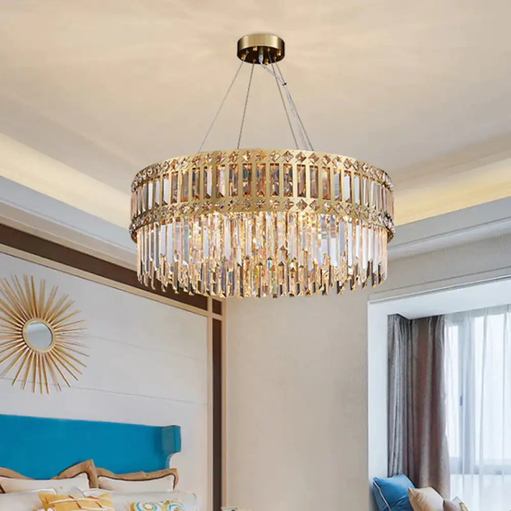 Gold Drum Hanging Chandelier Modern Strip Crystal 10 Lights Living Room Pendant Lamp