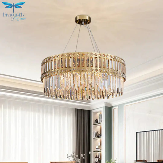 Gold Drum Hanging Chandelier Modern Strip Crystal 10 Lights Living Room Pendant Lamp