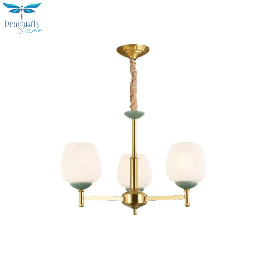 Gold Finish 3 Heads Suspension Light Traditional White Glass Tulip Chandelier Pendant Lamp